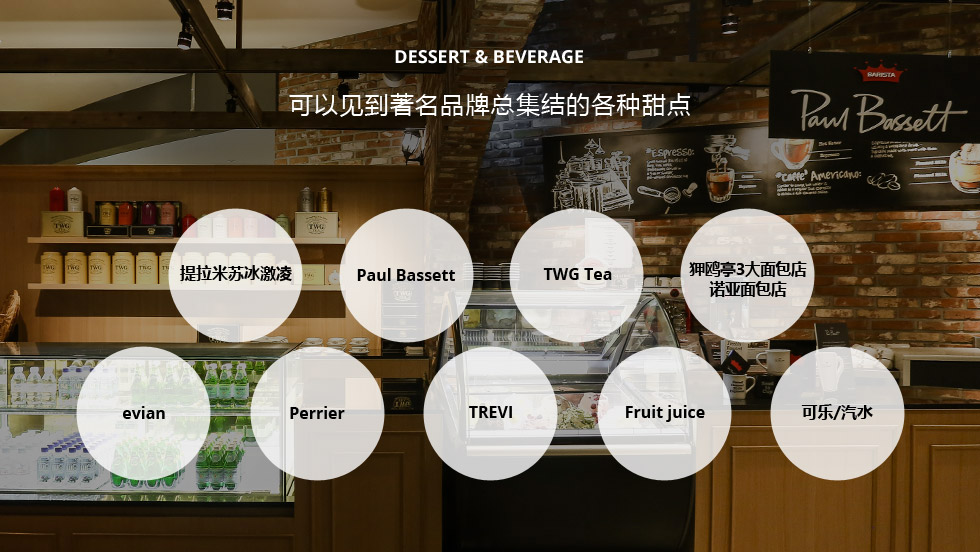 DESSERT - 可以见到著名品牌总集结的各种甜点。 提拉米苏冰激凌, Paul Bassett, TWG Tea, 狎鸥亭3大面包店诺亚面包店, evian, Perrier, TREVI, Fruit juice, 可乐/汽水